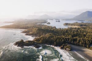 aerial view of the Pacific Rim - Tofino - Long Beach on a sunny day