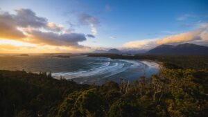 aerial view of Chesterman Beach in Tofino at Sunset