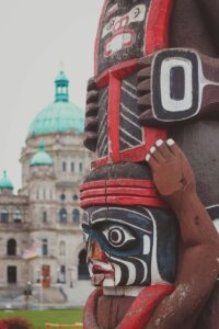 Coast Salish totem pole located in the Inner Harbour, Downtown Victoria, BC